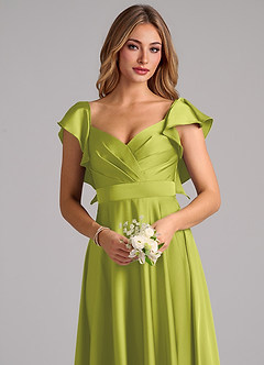 Azazie Leilani Bridesmaid Dresses Lemongrass A-Line Ruched Stretch Satin Dress image5