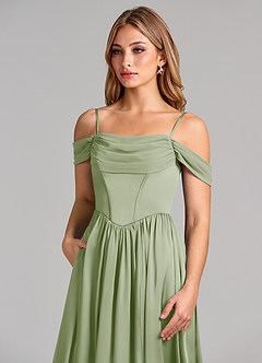 Azazie Raisa Bridesmaid Dresses Dusty Sage A-Line Off the Shoulder Stretch Satin Dress image7