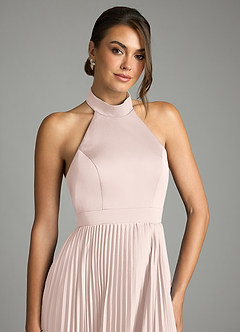 Azazie Zienna 신부 들러리 드레스 A라인 주름진 스트레치 새틴 바닥 길이 드레스 image5