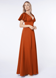 Azazie Lani Bridesmaid Dresses Burnt Orange A-Line Flounce Sleeve Stretch Satin Dress image4