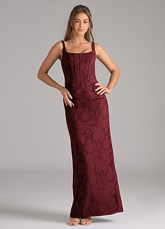 Azazie Kenna Bridesmaid Dresses Cabernet Sheath Side Slit Floral Burnout Dress image3