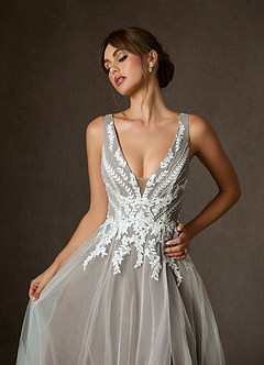 Azazie Goddess Wedding Dresses Diamond White Cocoa A-Line V-Neck Sequins Tulle Dress image6