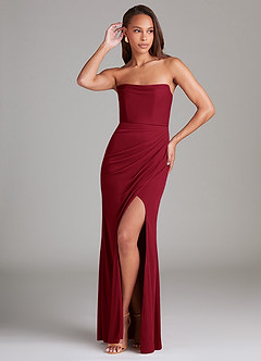 Azazie Leonis Robes de demoiselle d'honneur Robe Fourreau Convertible en Maille Sans bretelle Bourgogne image1