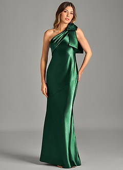 Azazie Yuanna Bridesmaid Dresses Dark Green Mermaid One Shoulder Metallic Satin Dress image4