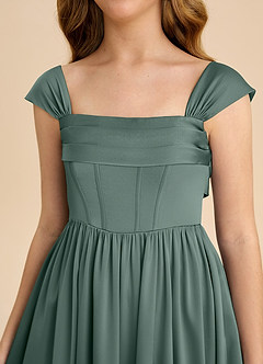 Azazie Hattie Junior Sea Moss A-Line Pleated Stretch Satin Dress image9