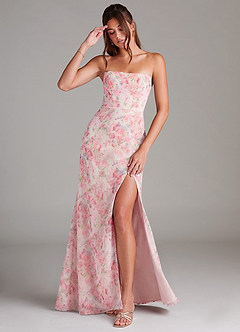 Azazie Leonis Bridesmaid Dresses Abstract Watercolor Floral Sheath Strapless Chiffon Convertible Dress image1