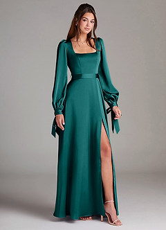 Azazie Leonia Bridesmaid Dresses Peacock A-Line Long Sleeve Stretch Satin Dress image3