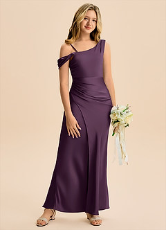 Azazie Madelyn Junior Plum Sheath Off the Shoulder Stretch Satin Dress image1