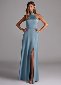 Azazie Myra Bridesmaid Dresses Dusty Blue A-Line Side Slit Stretch Satin Dress image3