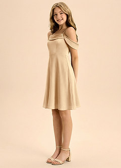 Azazie Anselie Junior Champagne A-Line Pleated Stretch Satin Dress image4