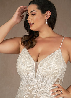 Azazie Leonie Wedding Dresses Diamond White Nude Mermaid V-Neck Sequins Tulle Dress image23