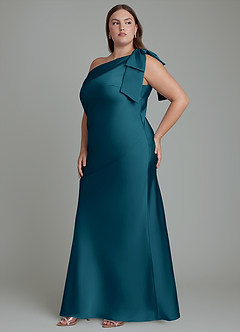 Azazie Yuanna Bridesmaid Dresses Ink Blue Mermaid One Shoulder Stretch Satin Dress image12