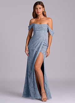 Azazie Johana At-home Try On Dresses Dusty Blue Mermaid Off the Shoulder Floral Burnout Convertible Dress image4