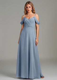 Azazie Julianne Essayer des robes à la maison Robe Trapèze en Mousseline de soie Épaule décolletée Bleu Poussiéreux image3
