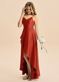 Azazie Eirlys Junior Rust A-Line Pleated Stretch Satin Dress image3