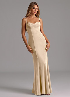 Azazie Karryn Bridesmaid Dresses Champagne Mermaid Corset Velvet Dress image1