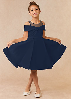 Azazie Shirin Flower Girl Dresses Dark Navy A-Line Off the Shoulder Matte Satin Dress image1