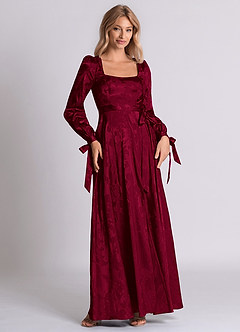 Azazie Leonia 신부 들러리 드레스 A라인 긴팔 자카드 바닥 길이 드레스 image3