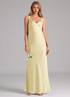 Azazie Kamila Bridesmaid Dresses Lemon Sorbet A-Line Pleated Stretch Satin Dress image1