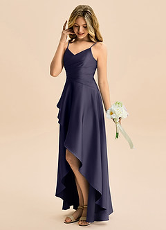 Azazie Eirlys Junior Vestido Tormentoso de Cetim elástico de Linha A com Plissado image3