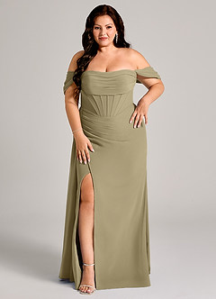 Azazie Amyra Bridesmaid Dresses Moss Green Sheath Off the Shoulder Chiffon Convertible Dress image13