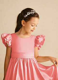 Azazie Piglette Flower Girl Dresses Coral A-Line Bow Matte Satin Dress image3
