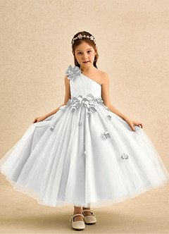 Azazie Strudel vestidos de niña de las flores Vestido de Blanco de Tul de Corte Princesa con Hombro unilateral image5