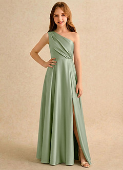 Azazie Puddles Junior Formal Flower Girl Dresses Dusty Sage A-Line One Shoulder Stretch Satin Dress image1