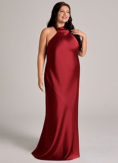 Azazie Velli Brautjungfernkleider Meerjungfrau-Linie Hoher Kragen Stretch-Satin Kleid Scharlachrot image7