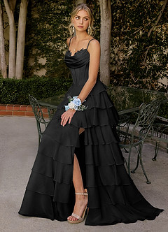 Floralace Black Ruffled A-line Prom Dress image2