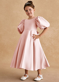 Azazie Sugarplum Flower Girl Dresses Blushing Pink A-Line with Sleeves Matte Satin Dress image4