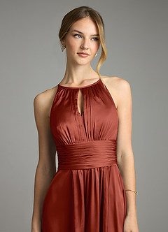 Azazie Bonnie Bridesmaid Dresses Terracotta A-Line Pleated Stretch Satin Dress image2