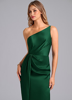 Azazie Naria Jurken voor bruidsmeisjes Jurk van Stretch Satijn met Kolom One-Shoulder Donkergroen image7