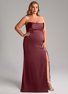 Azazie Saige Bridesmaid Dresses Merlot Sheath Off the Shoulder Stretch Satin Dress image17
