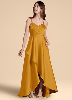 Azazie Prisha Junior Butterscotch A-Line Pleated Stretch Satin Dress image4