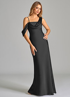 Azazie Celina Bridesmaid Dresses Black Sheath Off the Shoulder Stretch Satin Dress image1