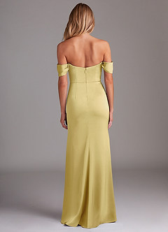 Azazie Saige Bridesmaid Dresses Lemon Sorbet Sheath Off the Shoulder Stretch Satin Dress image10