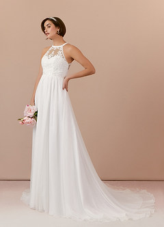 Azazie Annalise Wedding Dresses Diamond White Nude A-Line Lace Crinkle Chiffon Dress image3