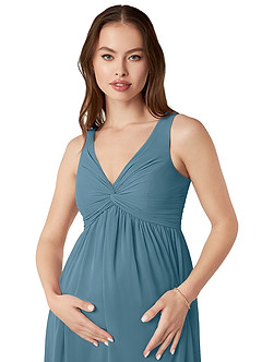 Azazie Yetta Zwangerschaps Bruidsmeisjekleding A-Lijn Gerimpelde V-hals Chiffon Vloerlengte Jurk image6