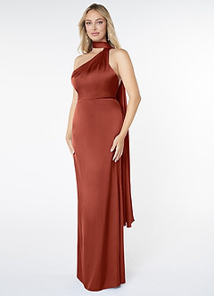 Azazie Kaylani Brautjungfernkleider Meerjungfrau-Linie Hoher Kragen Stretch-Satin Kleid Terrakotta image3