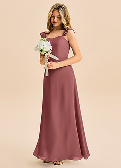 Azazie Mavie Junior A-linja Rypytetty Sifonki Lattian pituus Nuorempi morsiusneito Pukeutua image1