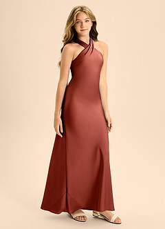 Azazie Doretta Junior A-Linie Plissee Stretch-Satin Kleid Terrakotta image6