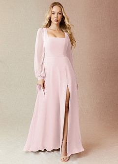 Azazie Leonia Bridesmaid Dresses Blushing Pink A-Line Long Sleeve Chiffon Dress image3