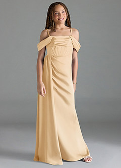 Azazie Amyra Junior Gold Sheath Off the Shoulder Stretch Satin Dress image3