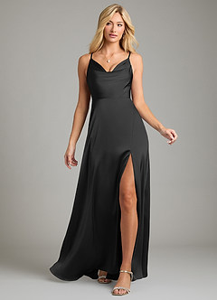Azazie Sarella Bridesmaid Dresses Black A-Line Pleated Stretch Satin Dress image6