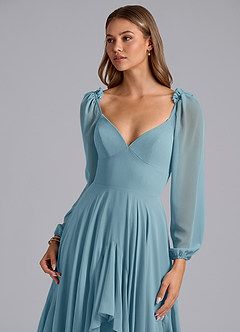 Azazie Karan Abiti da Damigella Abito A-Line in Chiffon Manica Lunga Blu Lunatico image6