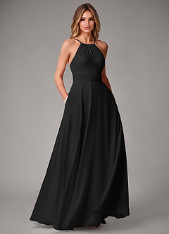 Azazie Amalia Bridesmaid Dresses Black A-Line Pleated Chiffon Dress image1
