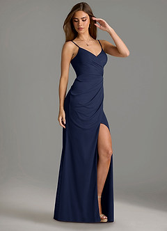 Azazie Maci Robes de demoiselle d'honneur Robe Fourreau en Maille Plissée Bleu Marine Foncé image3