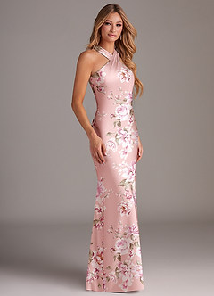 Azazie Doretta Jurken voor bruidsmeisjes Jurk van Stretch Satijn met Zeemeermin Geplooid Roze Bloemenbloei image4