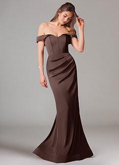 Azazie Everly Robes de demoiselle d'honneur Robe Sirène Convertible en Satin extensible Épaule décolletée Ganache image6